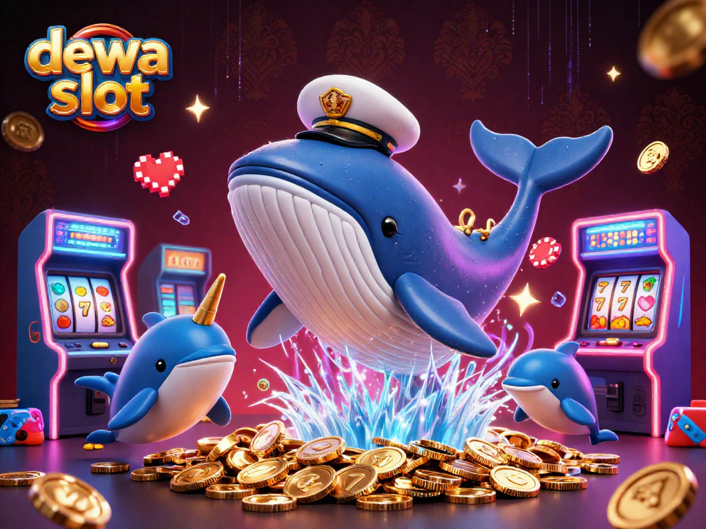 Dive into dewa slot adventure with a vibrant scene of a 3D whale, narwhal, and dolphins in a casino world.