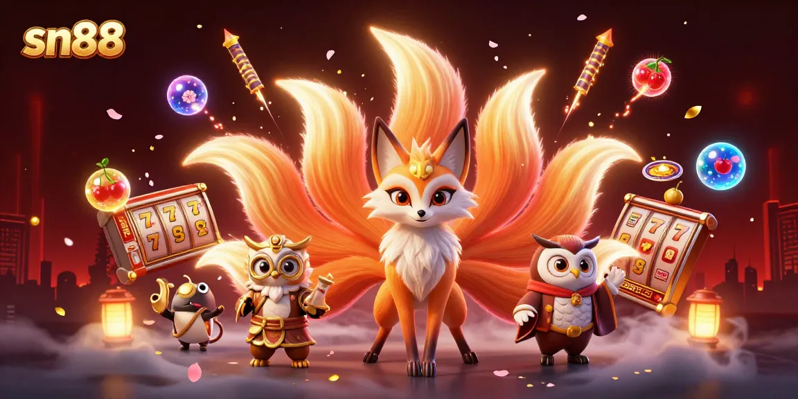 sn88 players enjoy vibrant slot gameplay featuring a nine-tailed fox and casino themes.