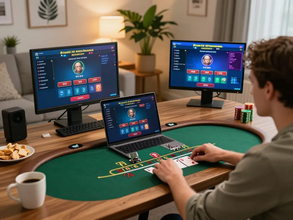 Player winning at online blackjack game on rr88 casino platform in a cozy home setting