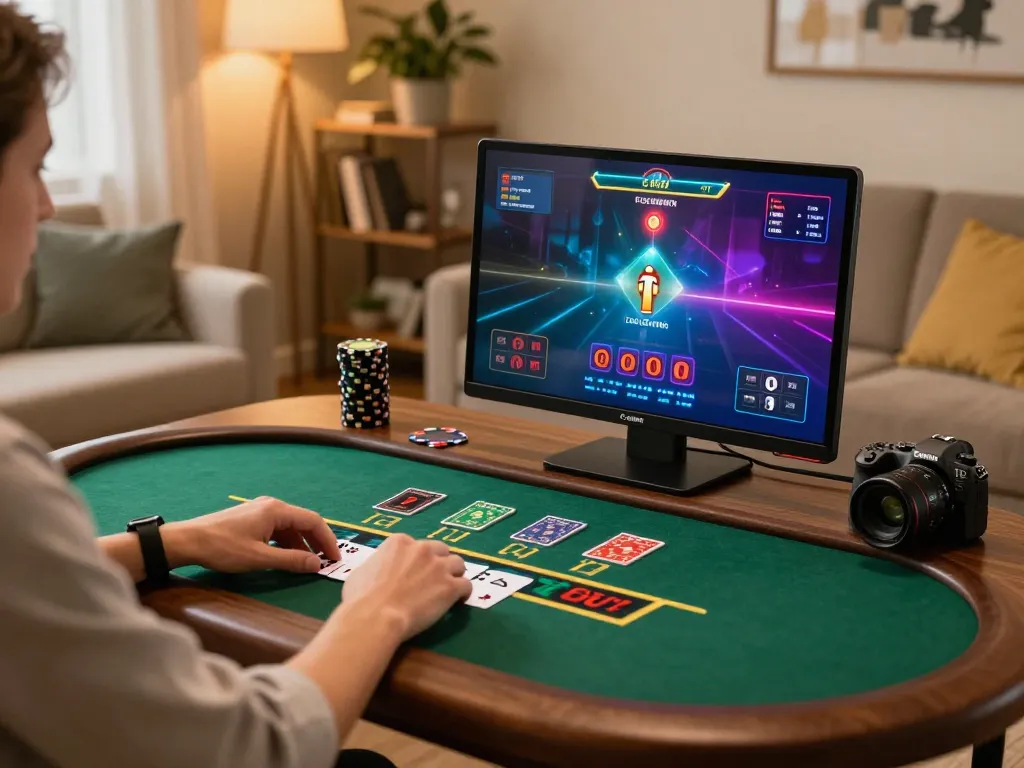 Player enjoying hi88 live dealer blackjack on tablet in a cozy home setting, vibrant graphics illuminating the scene.