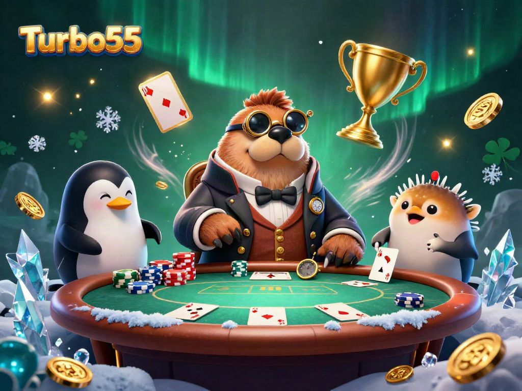 Engage in thrilling gameplay at Turbo55 with a vintage-style poker game illustration featuring a walrus and friends.