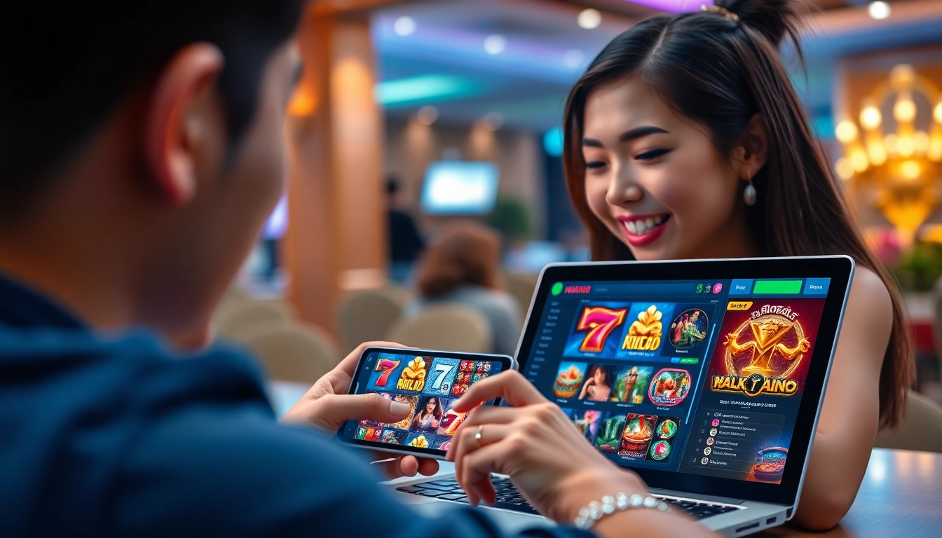 Engaging scene of online gambling at https://789winn.clothing/ with vibrant slot games on devices.