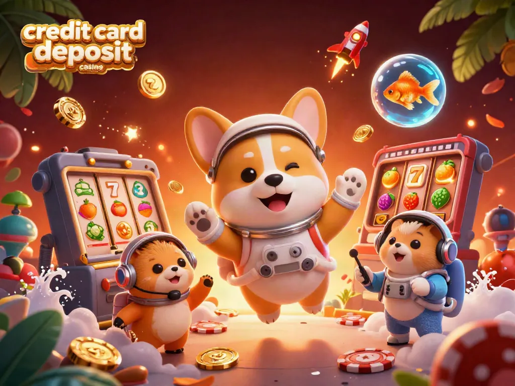 Engage at credit card deposit casinos with an astronaut corgi in a vibrant, energetic casino scene.