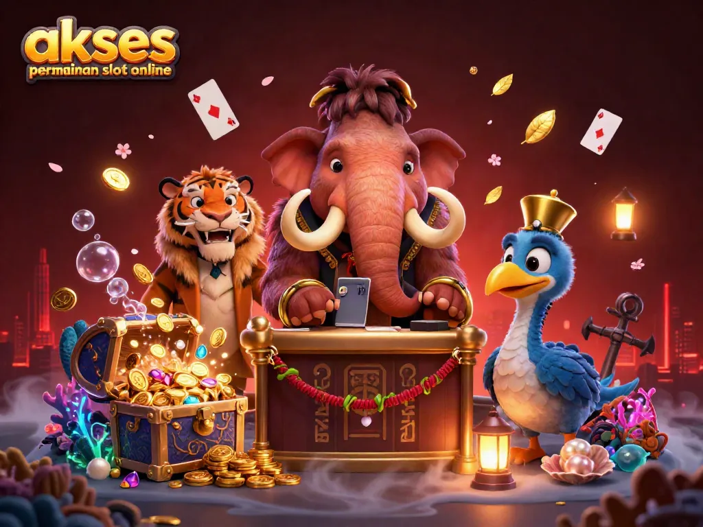Akses permainan slot online ditampilkan dengan karakter kasino di ilustrasi 3D penuh warna.
