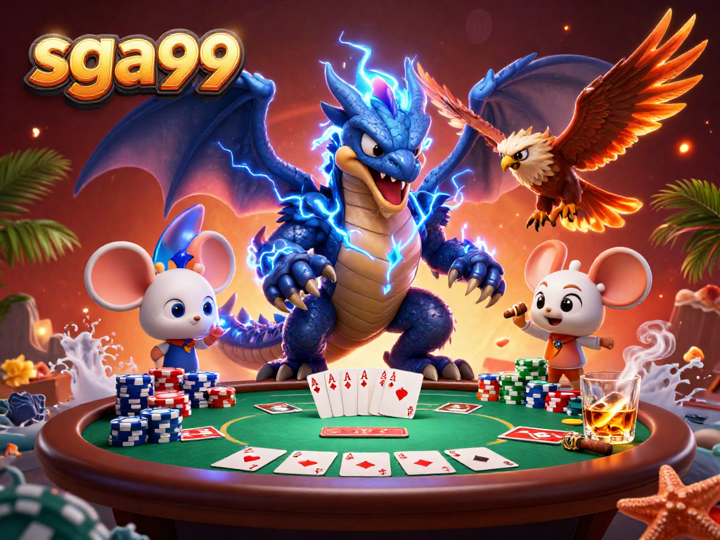 Engage with thrilling sga99 poker action featuring an electric dragon, fierce hawk, and thunder mouse.