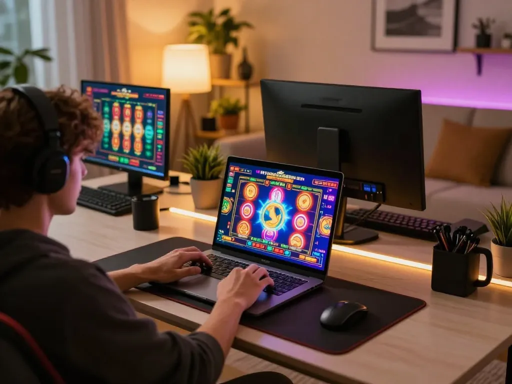 situs slot gaming experience on laptop screen showcasing engaging online slots