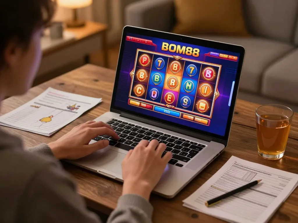 Pengguna BOM88 menikmati permainan online di rumah dengan laptop yang menampilkan slot menarik