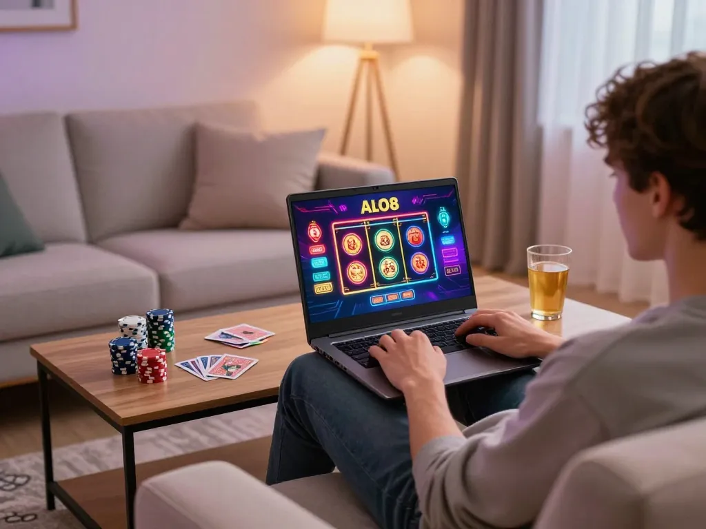 Player engages in ALO8 gaming on laptop at home, showing a colorful interface and gaming accessories.