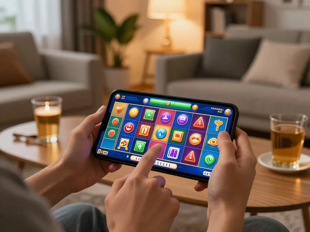 Sparking excitement while playing situs slot mahjong on a mobile device, showcasing colorful game graphics.