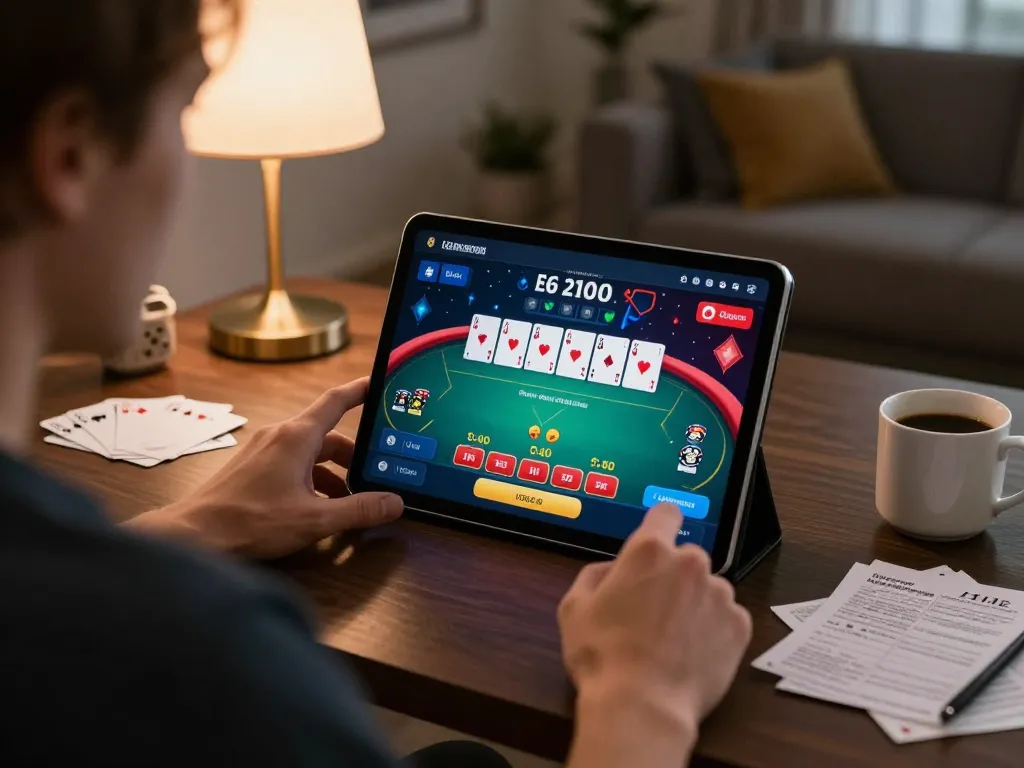Engaged player using DEBET on tablet for online poker game strategy with cozy ambiance