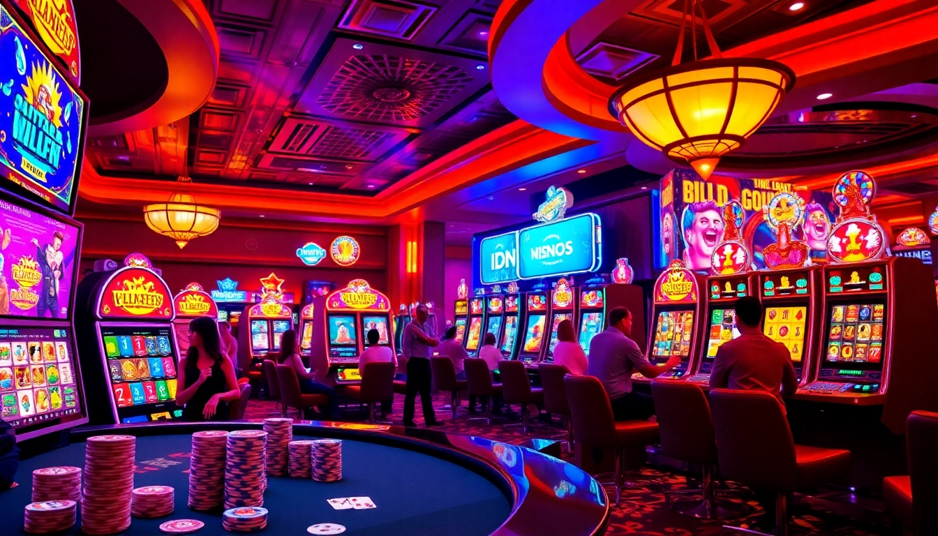 Players enjoying thrilling IDNslot games in a luxurious casino setting filled with excitement.