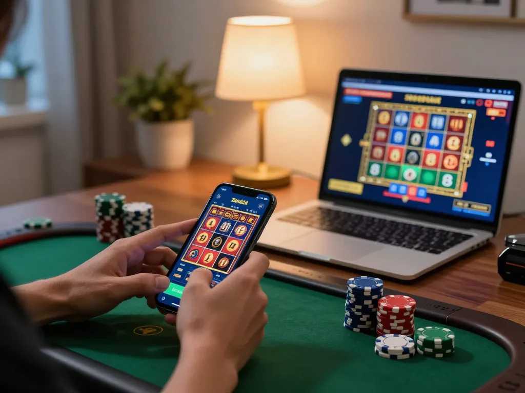 Exciting gaming moment at ทางเข้าzood24 online casino with user engaged on smartphone.