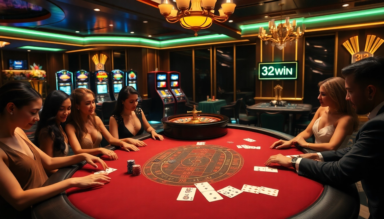 Experience the excitement of winning at 32WIN with a luxurious casino scene featuring poker and slot games.