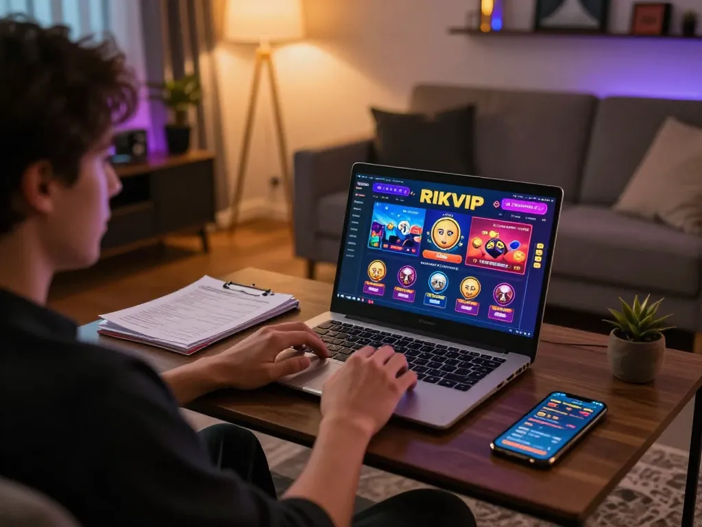 Engaging in online gambling on RIKVIP with a vibrant game interface and cozy home setting.