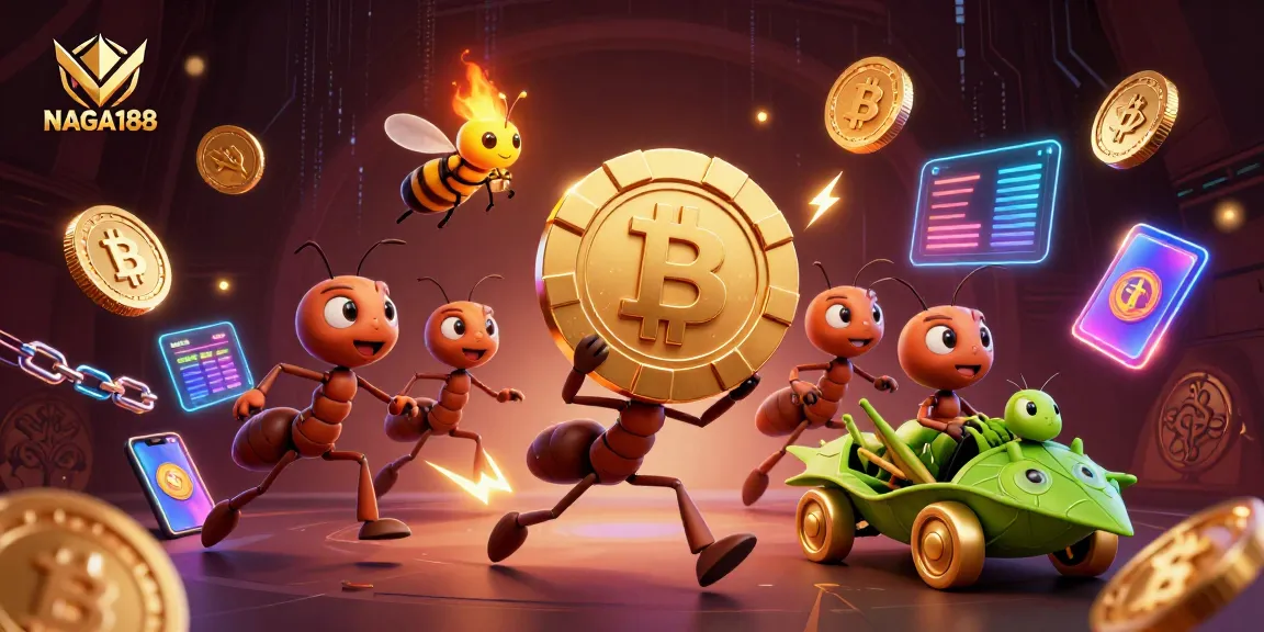 Semut mencuri chip poker besar di NAGA188, dikelilingi simbol cryptocurrency berkilau.