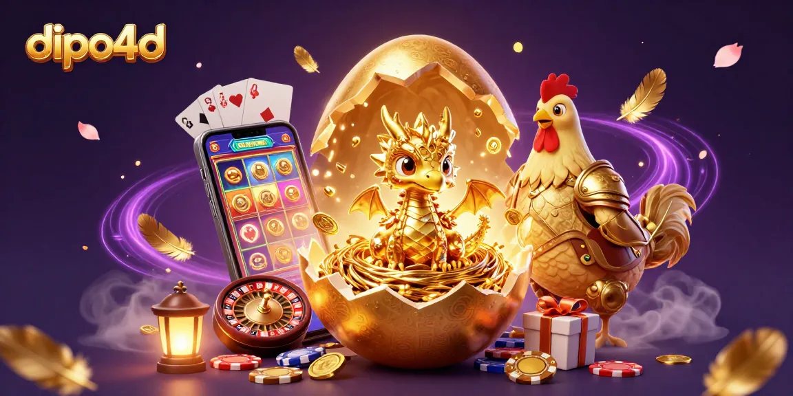 Dipo4d captures the excitement of online gambling with a golden egg, baby dragon, and vibrant casino elements floating around.