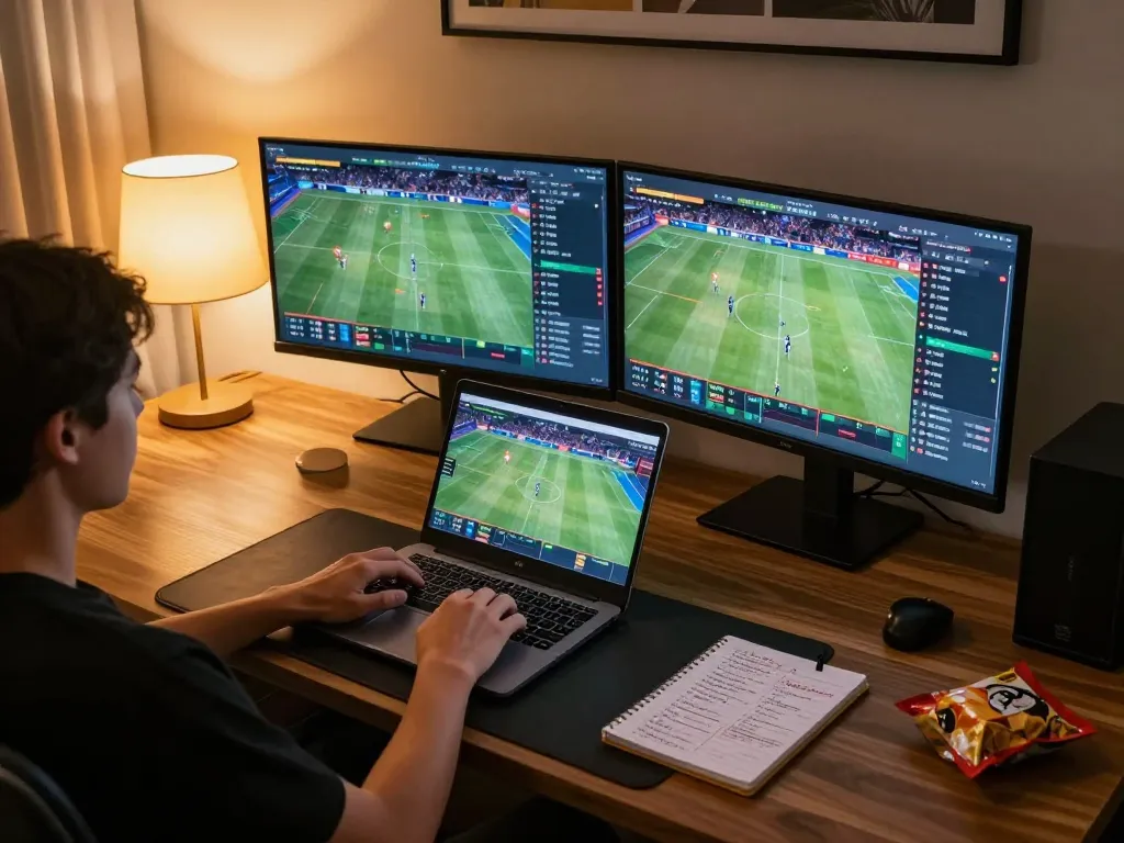 Person engaging in live sports betting on 99ok from a cozy gaming setup with strategy notes.