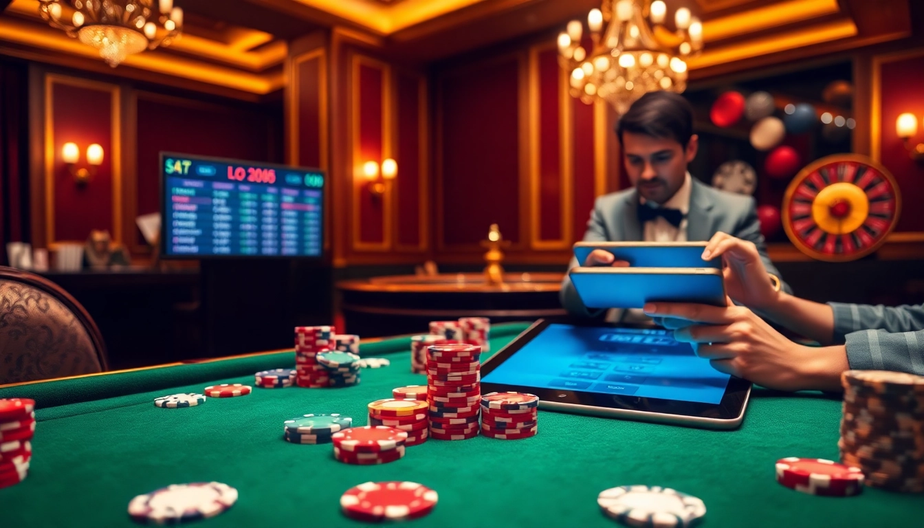 Engaged player exploring Lô đề trực tuyến betting options at a luxurious casino setting.