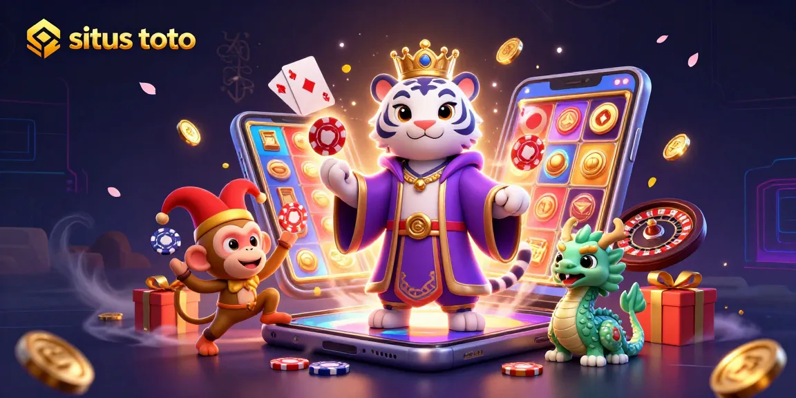 Rasakan kegembiraan permainan situs toto dengan harimau putih yang anggun, monyet emas, dan naga giok di antara elemen kasino yang cerah.