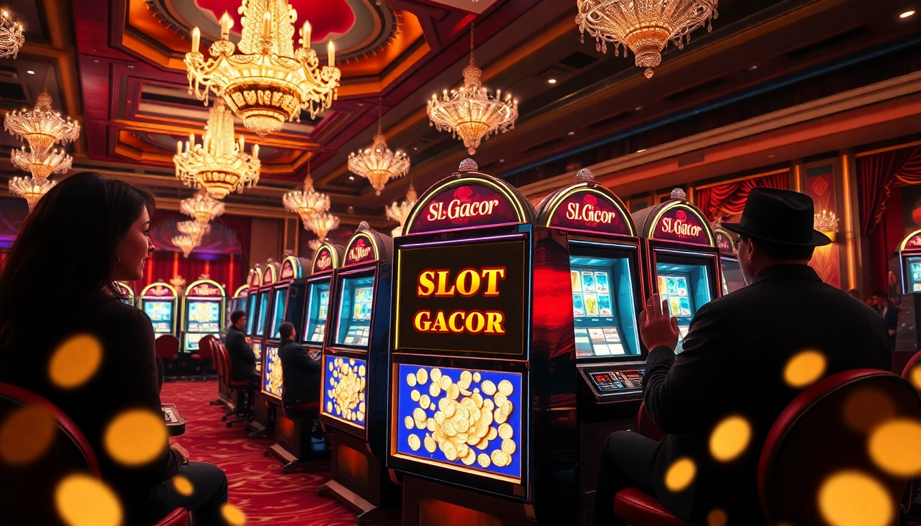 Engage with the Slot Gacor machine amidst an exciting casino scene filled with eager players and vibrant colors.