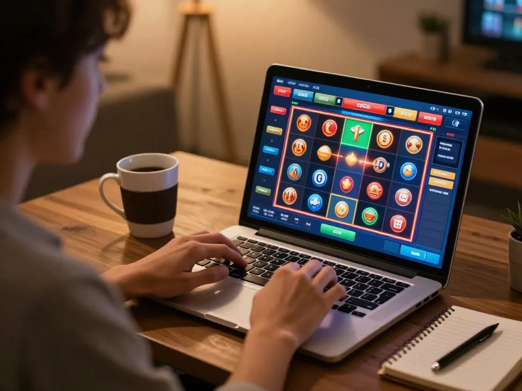 Navigating through the NK88 link on a laptop for online slots gaming in a cozy home setup.