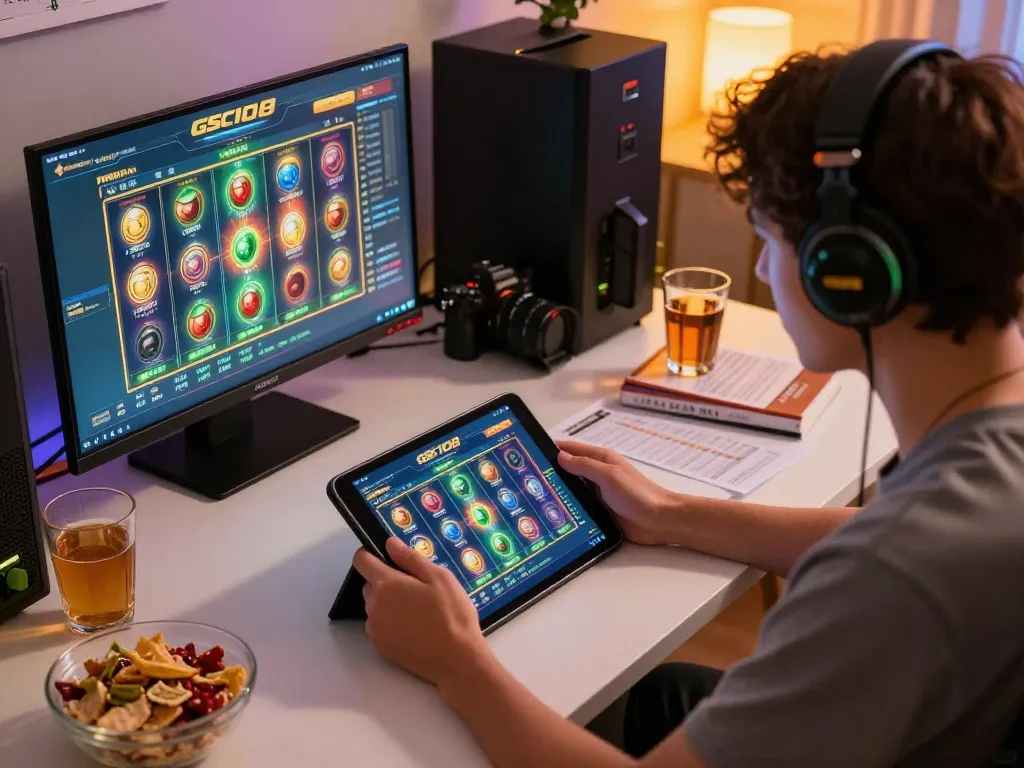 Gsc108 player engaging with online slot games on tablet, showcasing an inviting home gaming setup