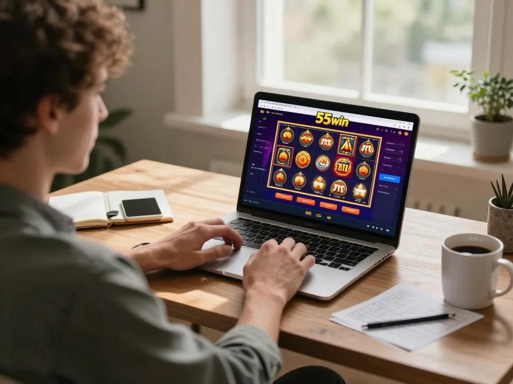 Person engaging with the 555win app on a laptop for a home online gaming session.