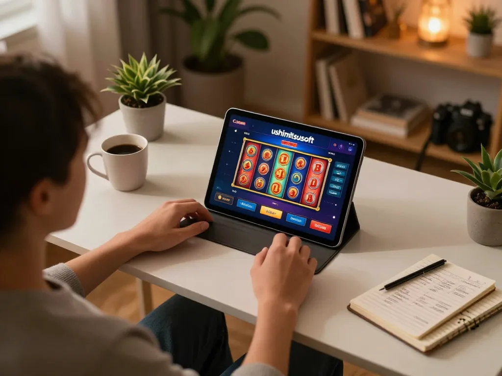 Player engaged with ushimitsusoft mobile casino app, showcasing a vibrant slot game on tablet.
