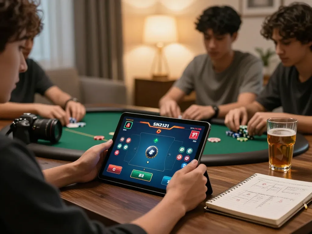 Rasakan permainan intens di platform SN2121 saat pemain terlibat dalam sesi poker online di rumah, menampilkan permainan strategis.