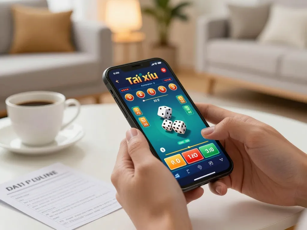 Engaging moment of a player placing a bet on tài xỉu online using a smartphone, highlighting excitement in home gaming.