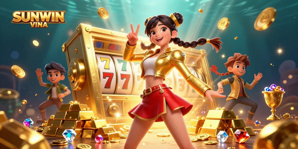 Engage with SUNWIN VINA's electrifying slot games with a vibrant 3D illustration of a fun casino scene.