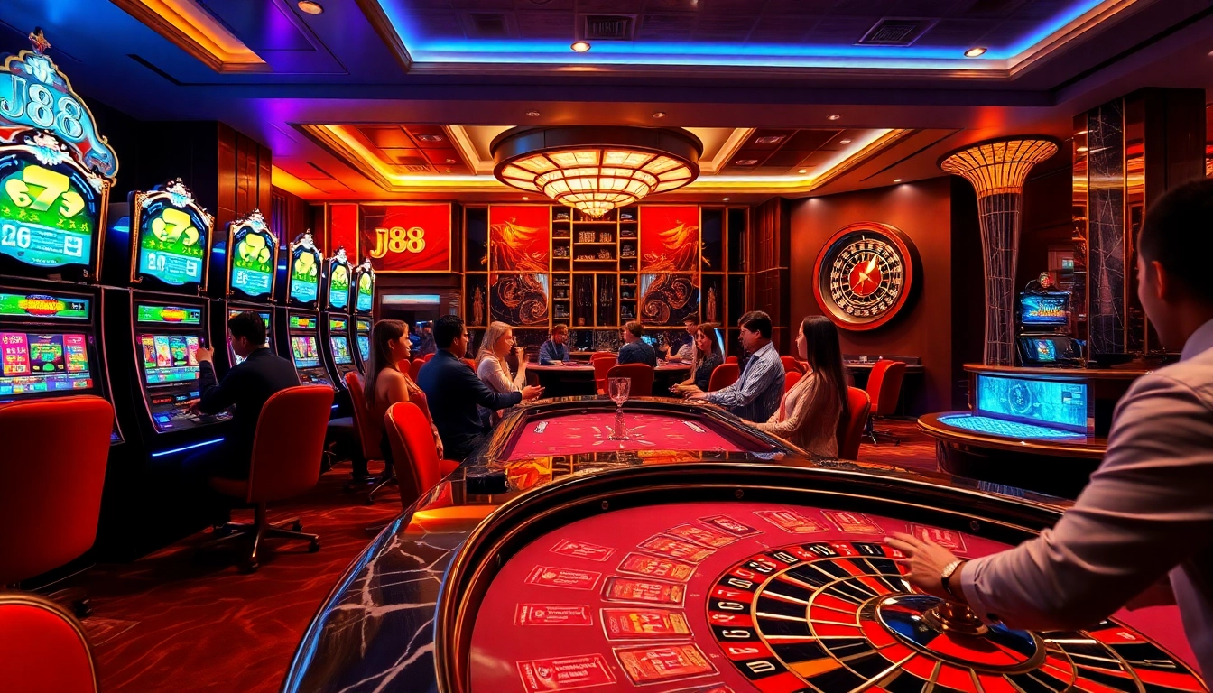 Exciting scene at J88 showcasing vibrant casino tables and slot machines.