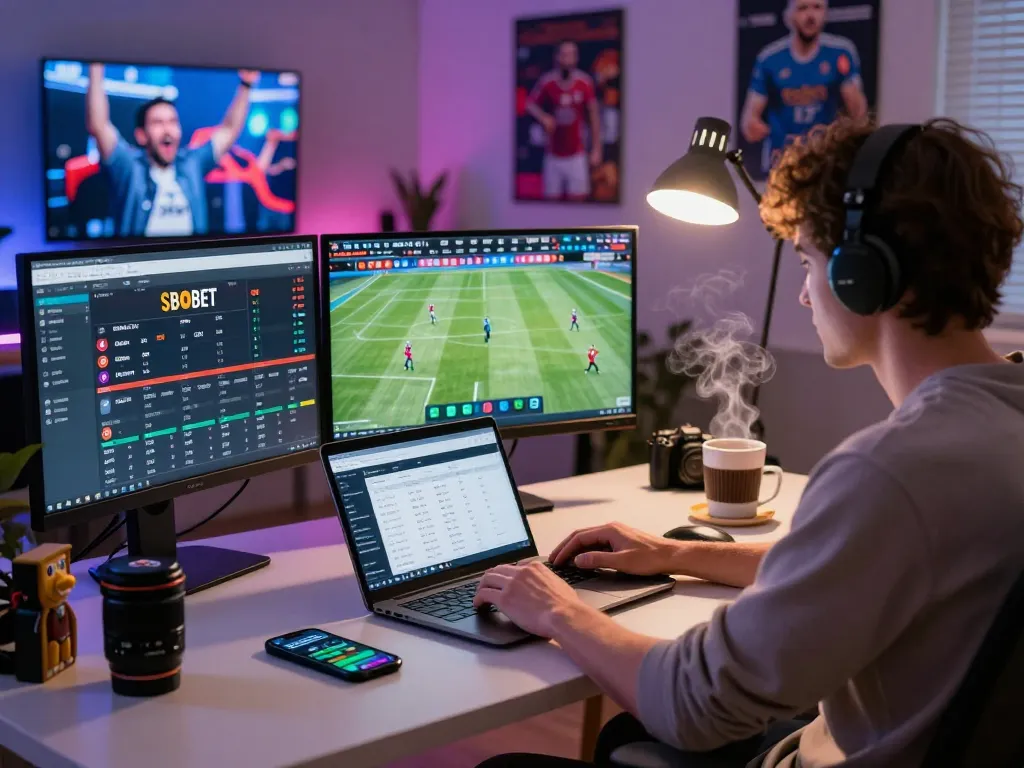 SBOBET sports betting setup in a dynamic home office with monitors and sports memorabilia.