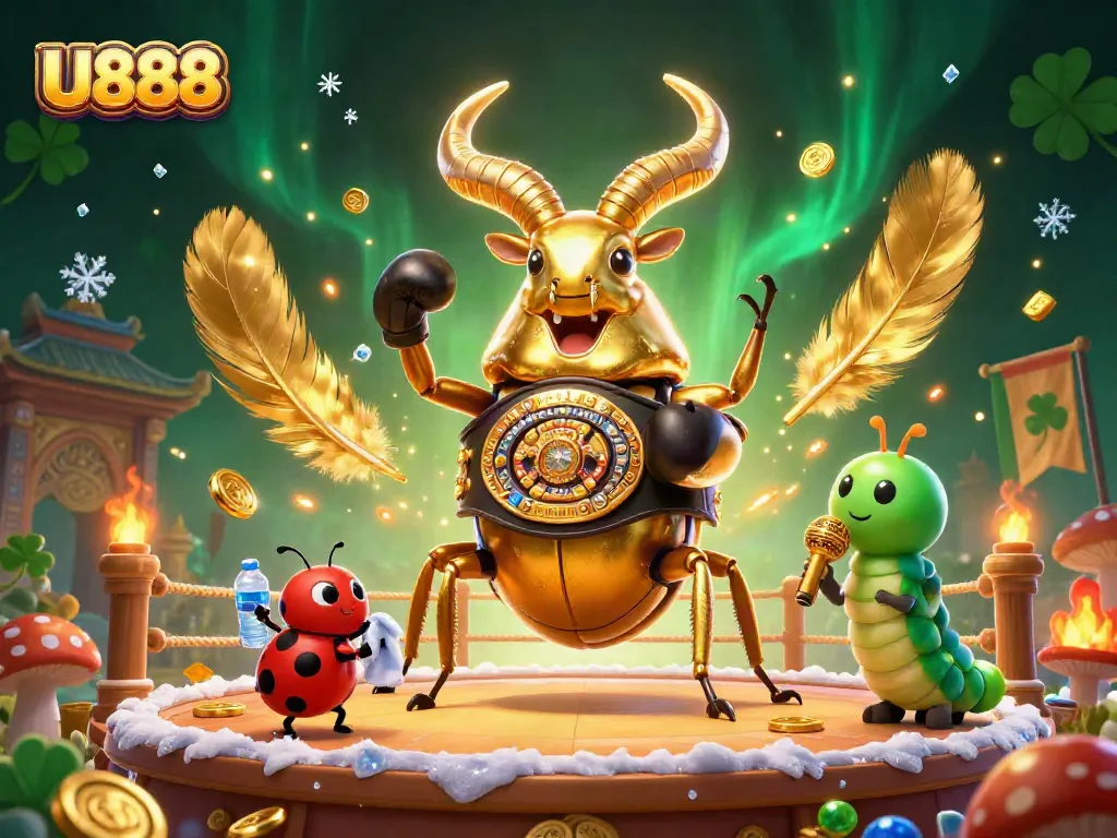 U888 thrilling casino battle featuring a golden stag beetle and ladybug corner-man in a vibrant arena.