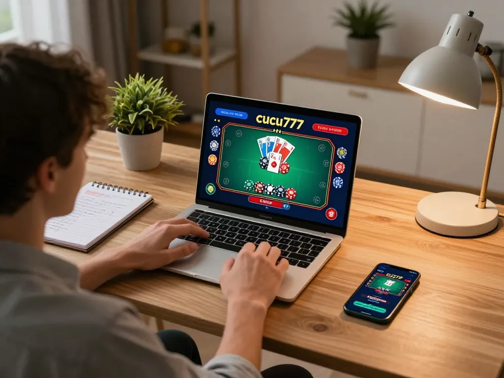 Cucu777 player engaging in responsible online gaming at home, highlighting strategic game choices.