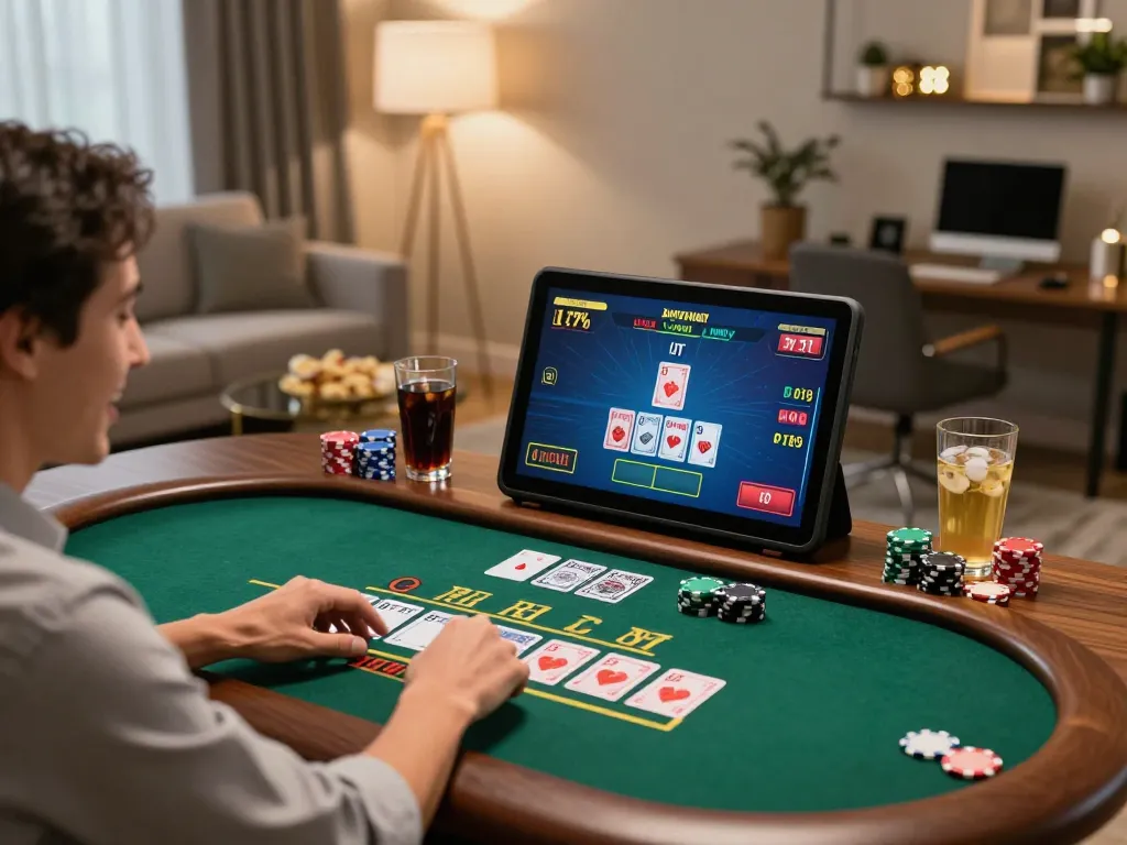open88 player enjoying live dealer blackjack on tablet at home, cozy setup highlighting online casino gaming excitement