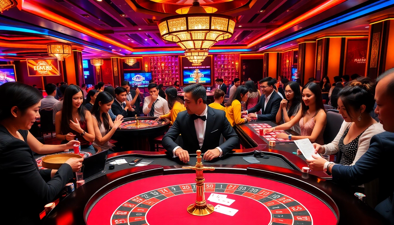 Players enjoying a high-stakes game at PG88 casino, featuring vibrant tables and excitement.