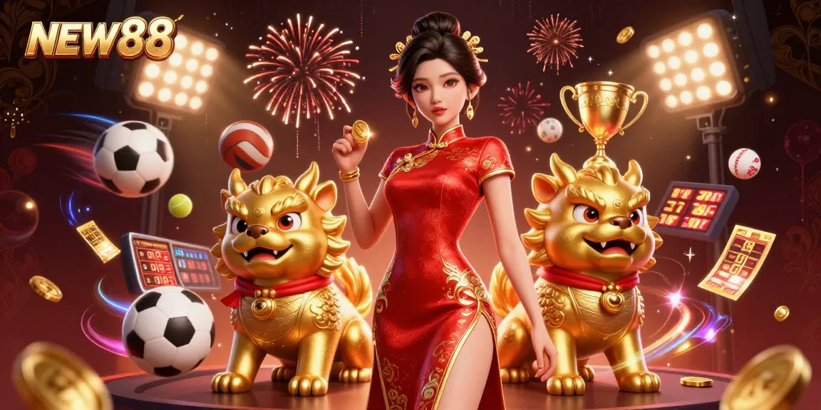 Bet big with NEW88, a vibrant 3D casino scene showcasing thrilling sports betting elements