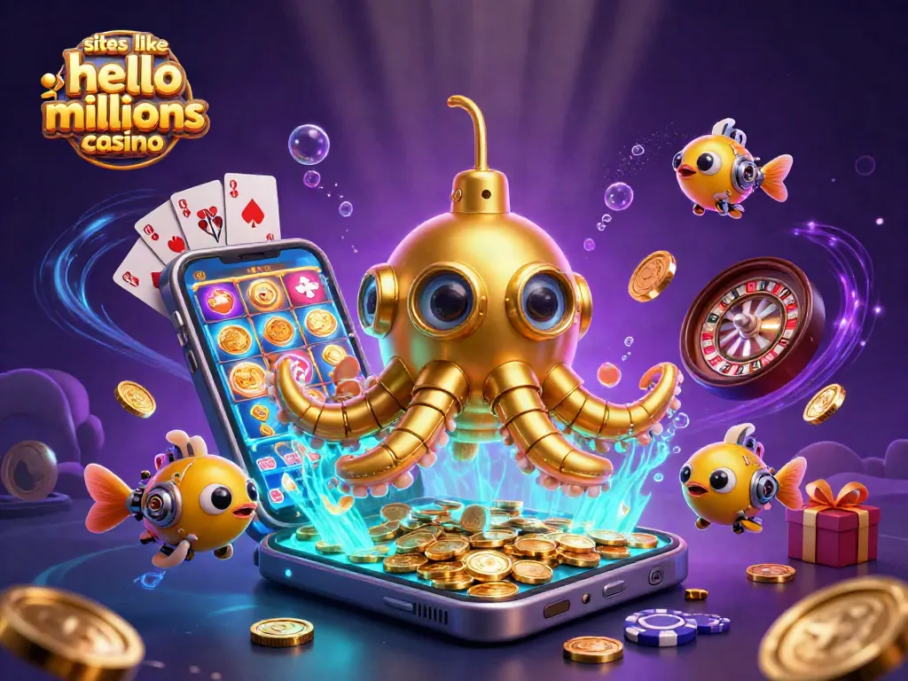 Play exciting games at sites like hello millions casino, featuring a submarine surrounded by coins and vibrant casino elements.