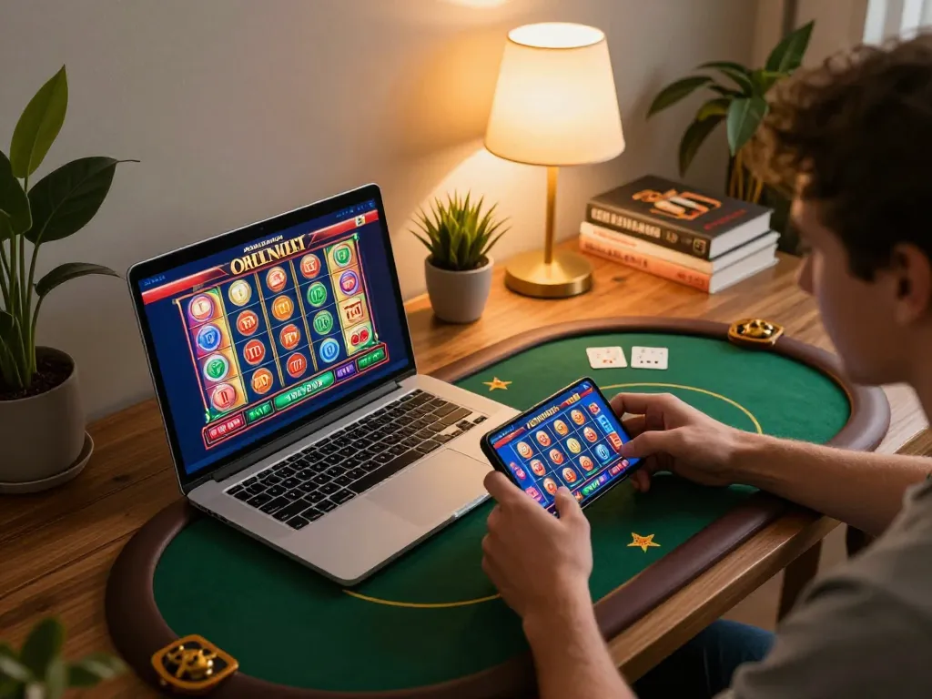 Playing at home with a casino bonus utan svensk licens on laptop and mobile, showcasing online gaming excitement.