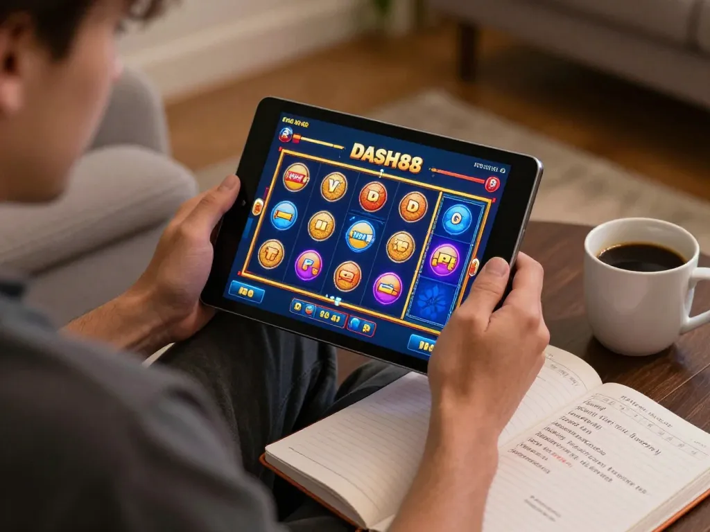 Engaged player enjoying dash88 games on a tablet, showcasing vibrant slot interfaces and strategic betting.