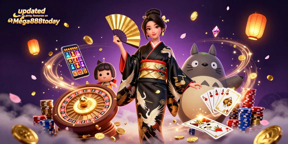 Explore updated gaming features on Mega888today with engaging casino art highlighting jackpots and vibrant game elements.