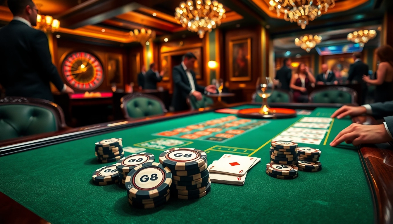 GO8 poker players strategize at an upscale casino table, surrounded by vibrant gaming elements.