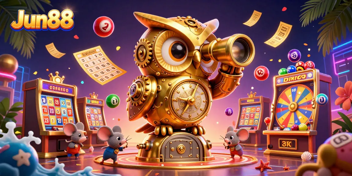 Win big at Jun88 with vibrant casino games and exciting lottery elements in a colorful digital illustration.