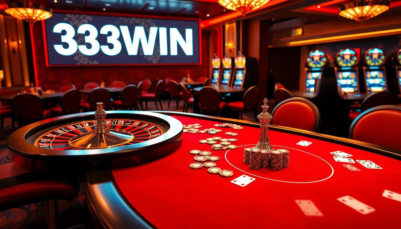 Players enjoying the thrill of gambling at the vibrant 33WIN casino, featuring poker chips and roulette.