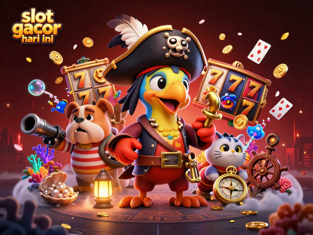 Play games at slot gacor hari ini with a vivid scene of a pirate crew amidst treasures and lively slot elements.