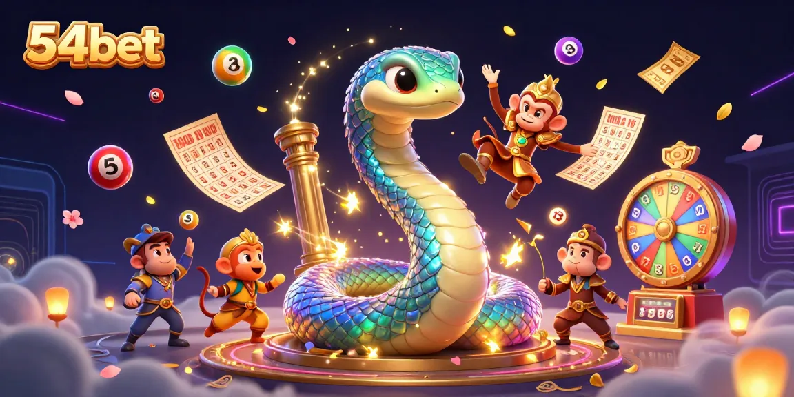Engage with exciting games at 54bet featuring a dynamic scene of a shining serpent and vibrant gaming elements.
