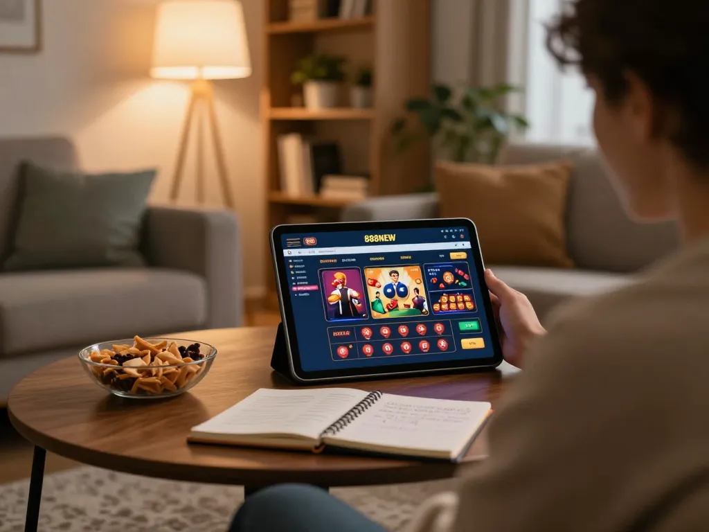 Engaging in online gaming with 888NEW on a cozy tablet setup, showcasing responsible gambling.