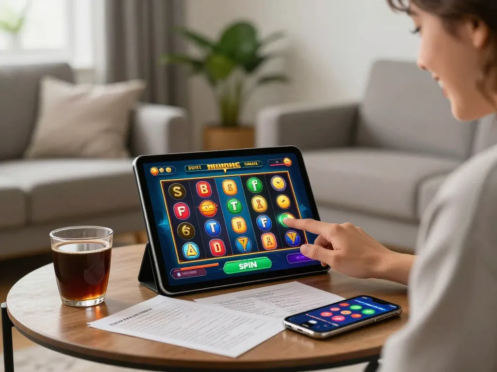 Nổ hũ đổi thưởng with a player engaging in online slot gaming at home, surrounded by strategy notes and a smartphone.