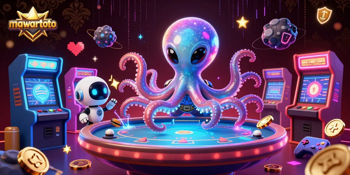 Mawartoto mengundang pemain untuk merasakan keseruan permainan kasino dengan ilustrasi alien dan robot di meja poker holografik.